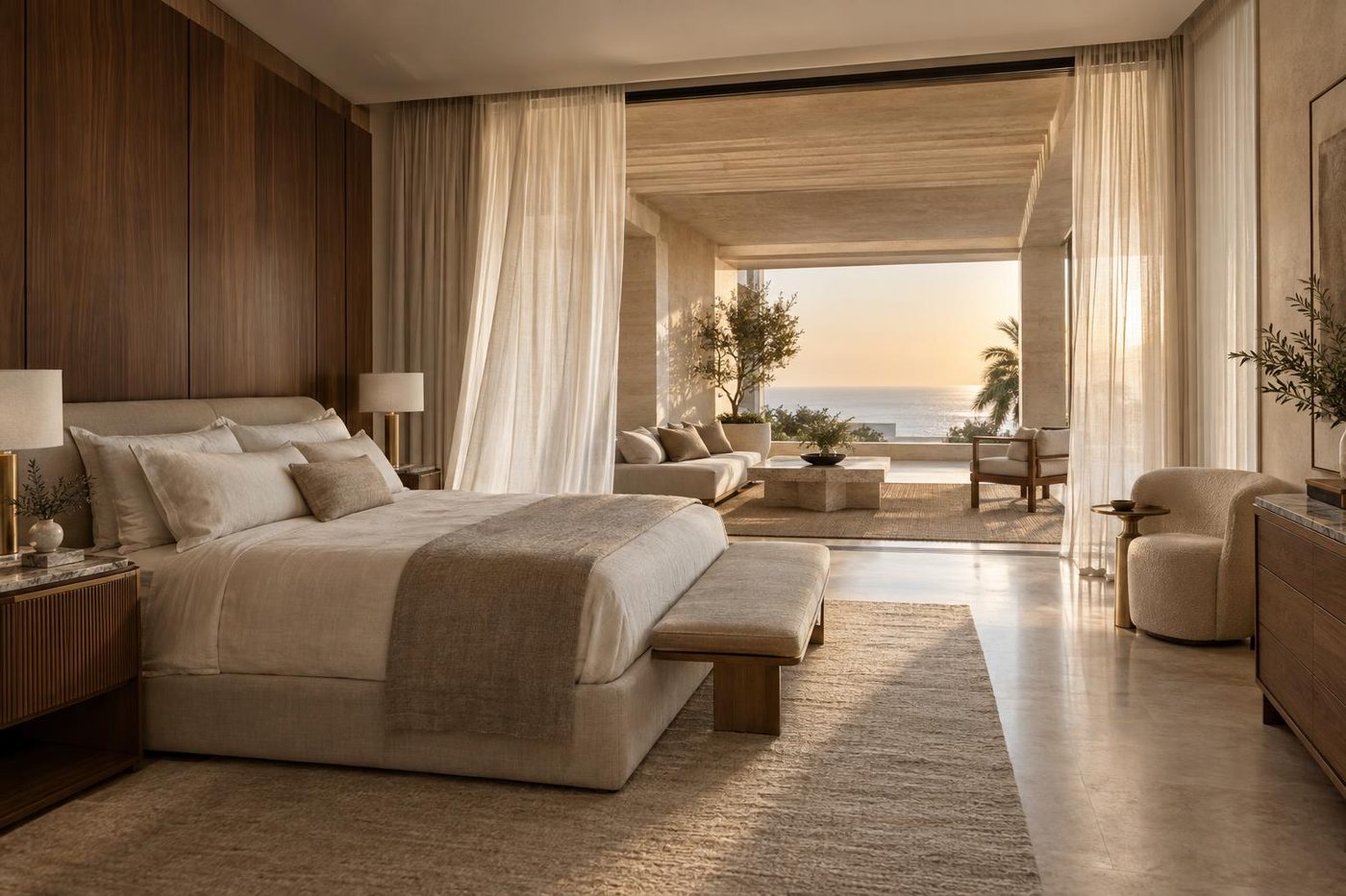 Visualisation of Bedroom Study 07: a principal bedroom opening to a shaded terrace