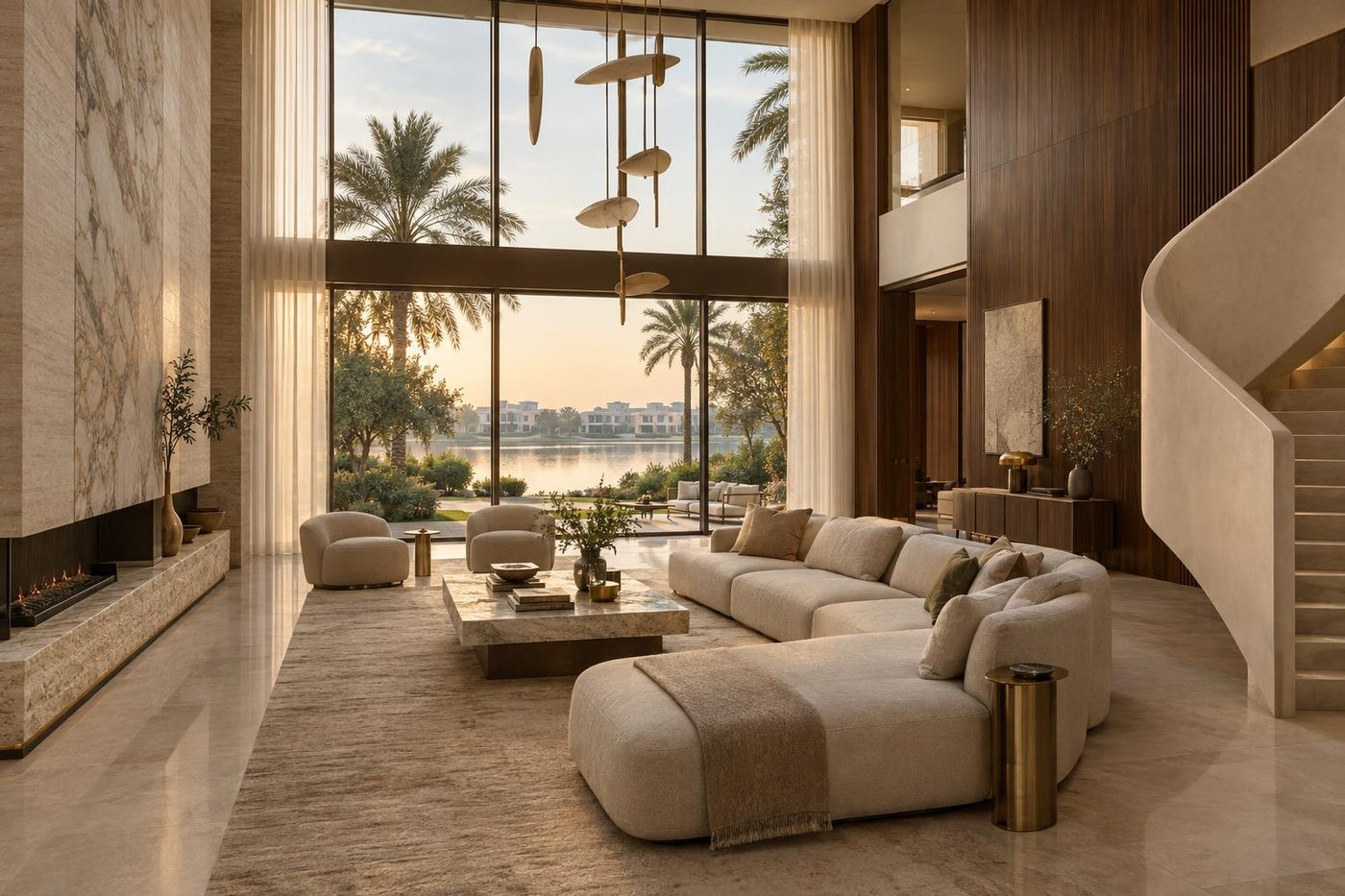 Visualisation of the double-height living room of Emirates Hills Villa 04, garden and lake beyond
