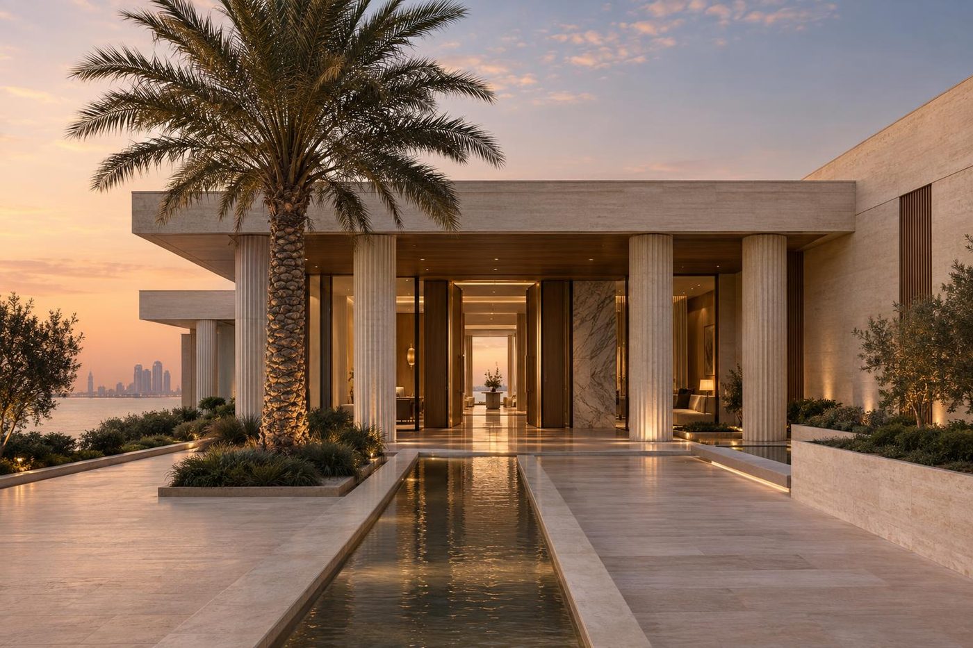 Visualisation of the arrival court of Palm Study 01 at dusk