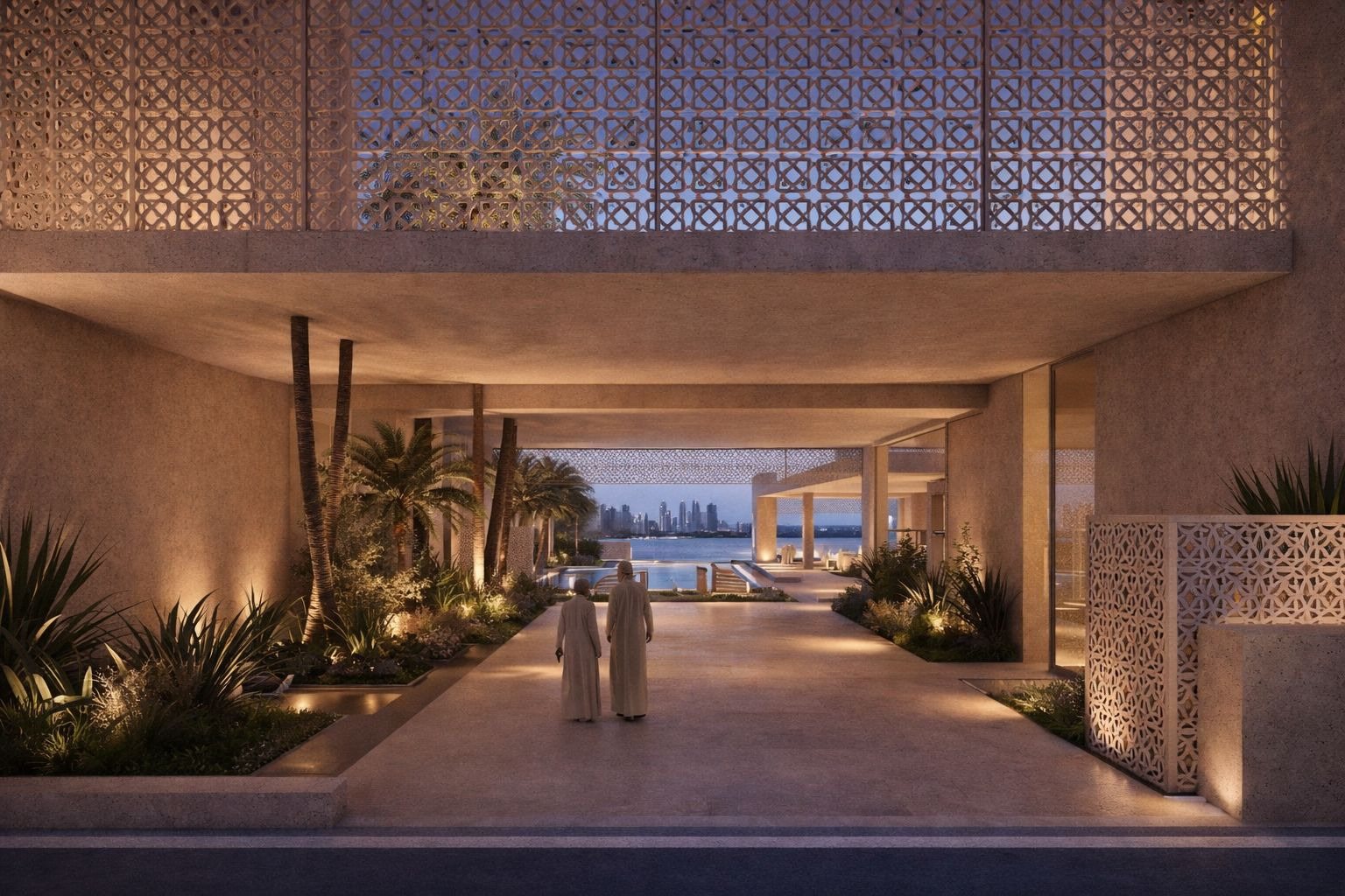 Visualisation of the shaded arrival colonnade of a new-build residence on The Palm, Dubai, looking through to a pool and the Marina skyline