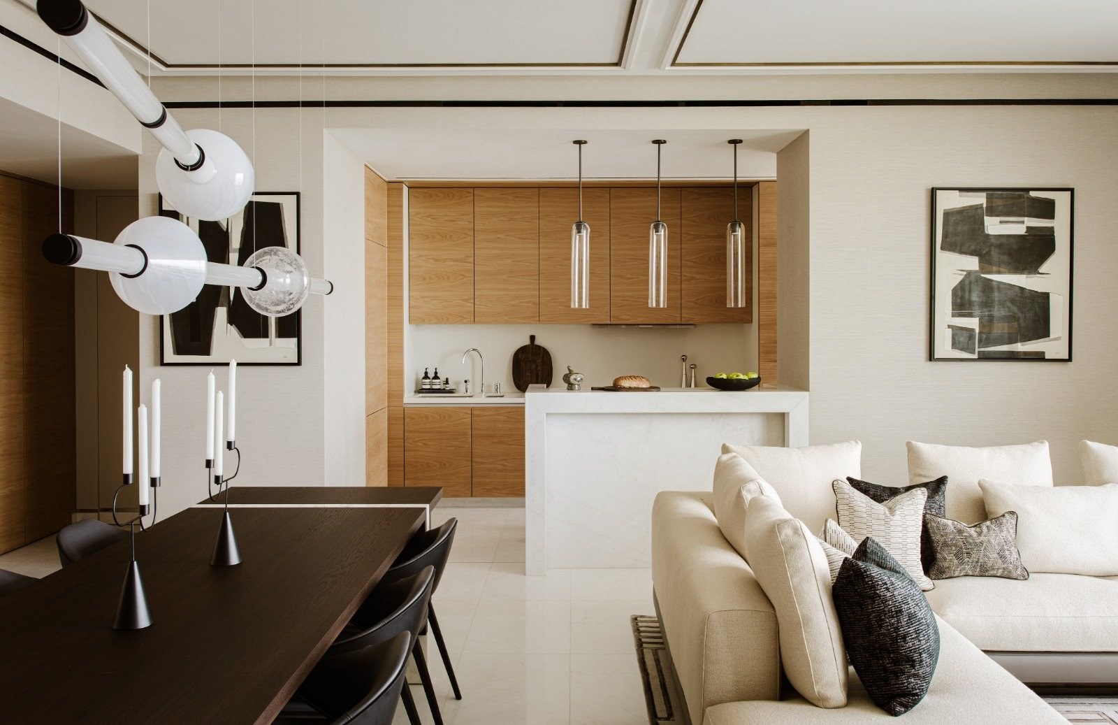 The finished kitchen and dining room of a luxury apartment at Royal Atlantis, The Palm, Dubai, by NU Projects